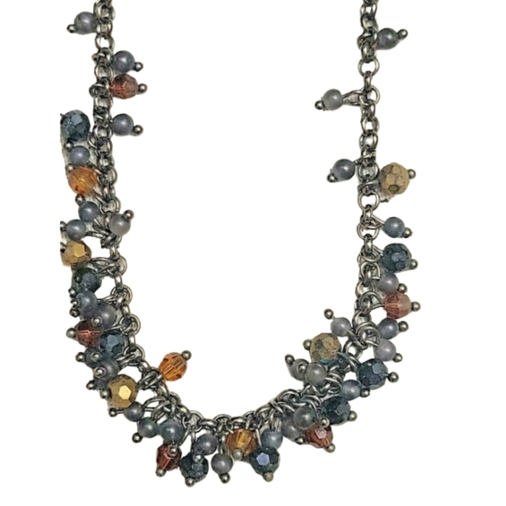 Jewel Tones Dangle Fringe Faceted Beads Beaded Gun Metal Necklace Lia Sophia